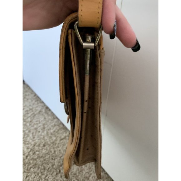 Vintage Taupe Ostrich Leather Handbag Purse with Honey Leather Strap & Trim - Picture 5 of 12